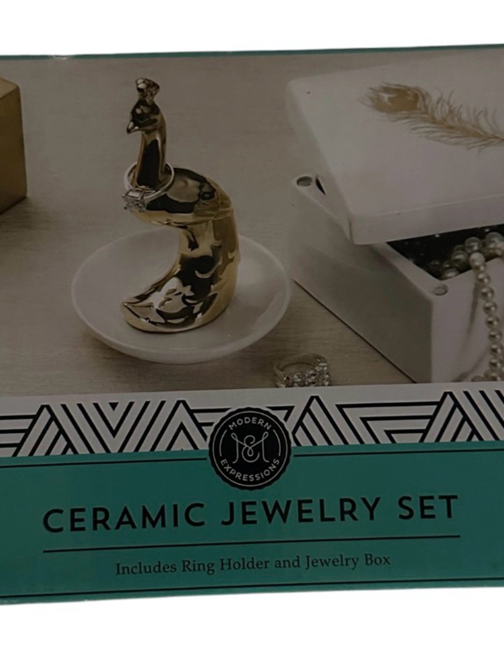 Modern Gold Ceramic Ring Holder White Jewelry Box Set